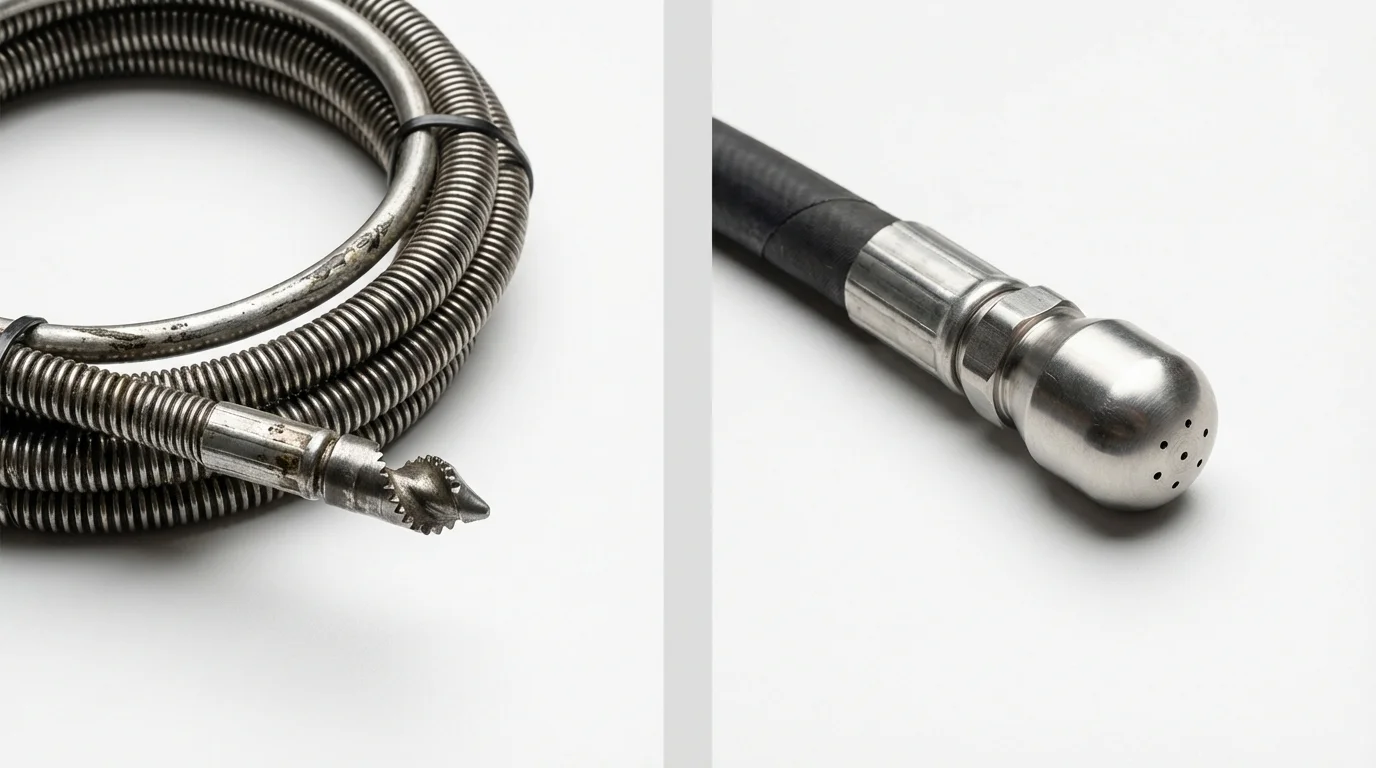 Drain snake cable and hydro jetting nozzle used for drain cleaning in Milford, NH