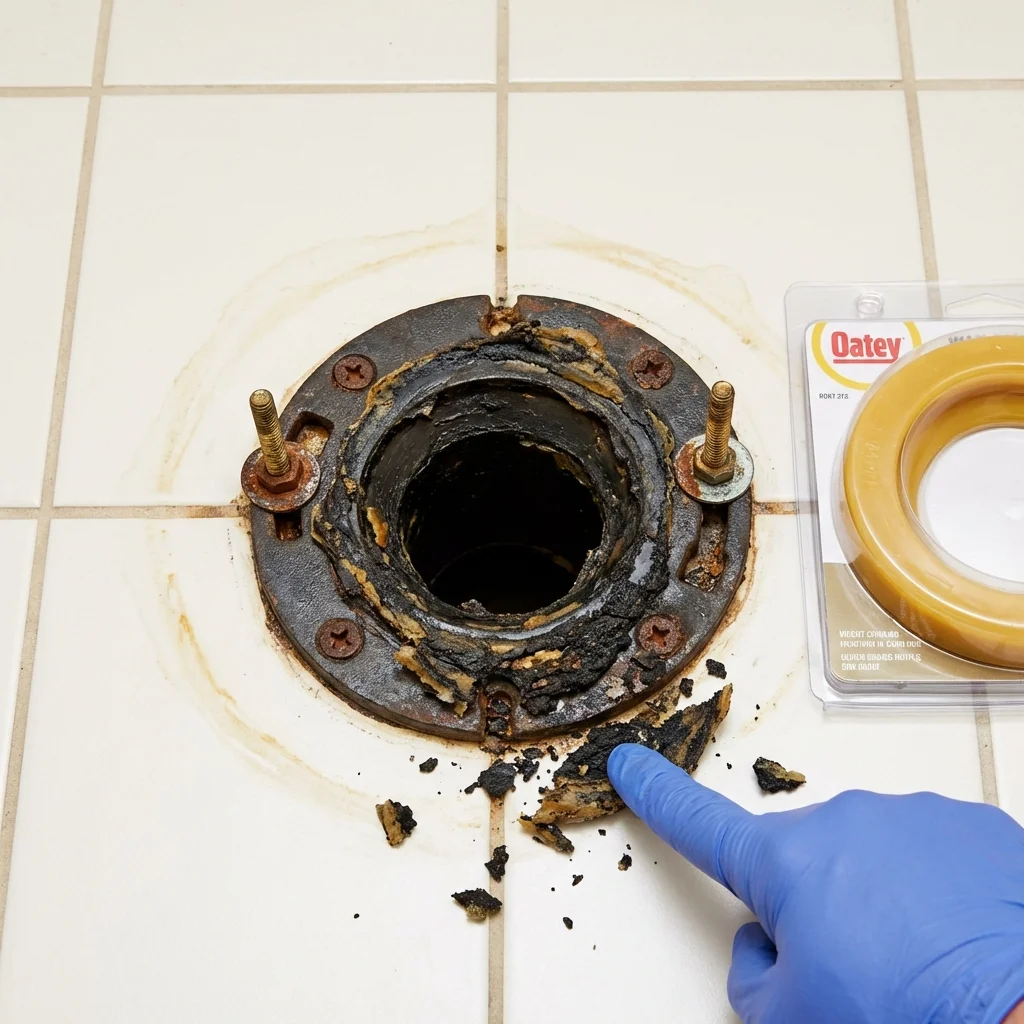 Failed wax ring showing water seepage at the base of a toilet in a Milford, NH home