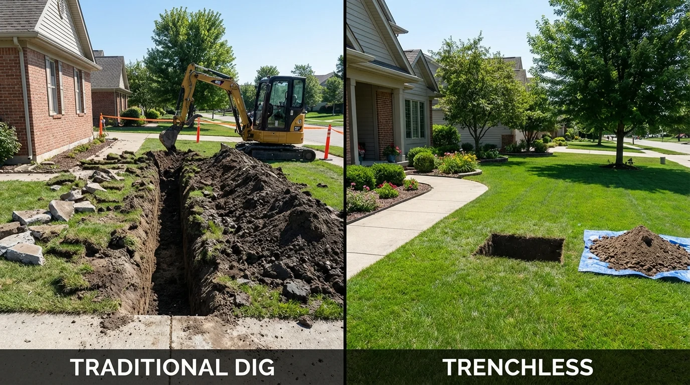Trenchless sewer repair with minimal yard damage versus traditional excavation in Milford, NH
