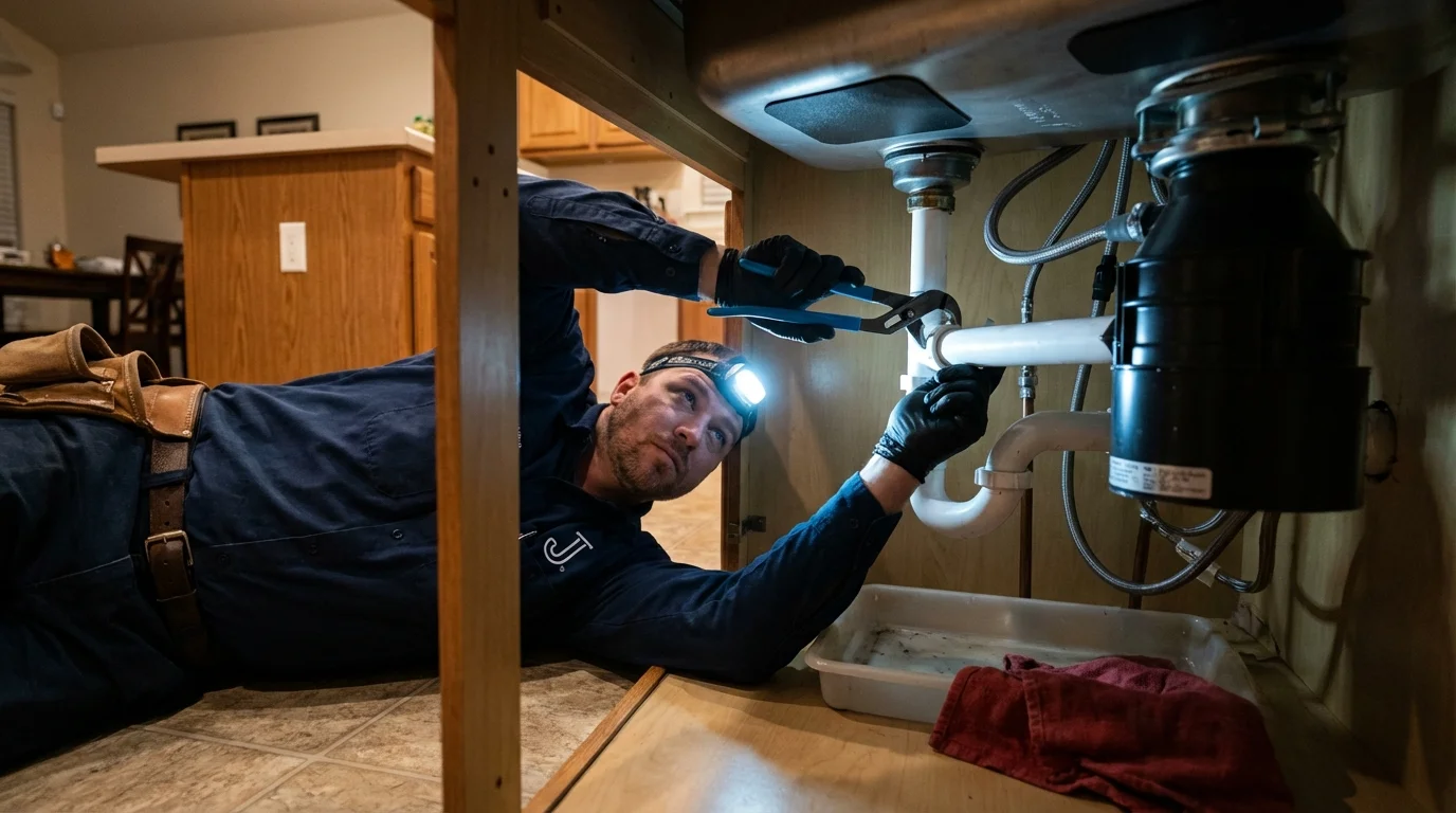 P-trap and supply line connections under a kitchen sink showing a common leak point in Milford, NH